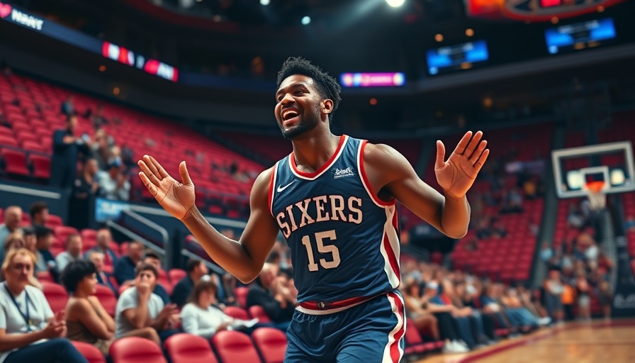 Energetic Sixers player in arena action with audience.