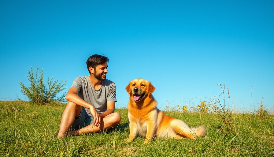 Two people and a dog sitting on grass, daylight.