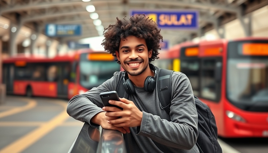 Smiling man with phone at bus terminal, complimentary Uber One membership.