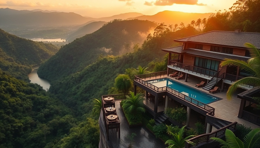 Luxurious hotel in Thailand with infinity pool and rainforest.