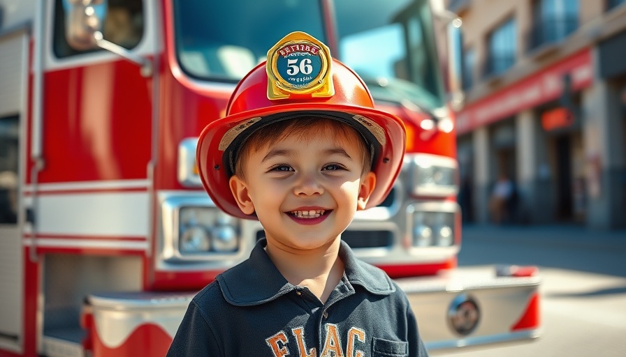 Joyful toddler at Jonah's second birthday party with a fire truck.