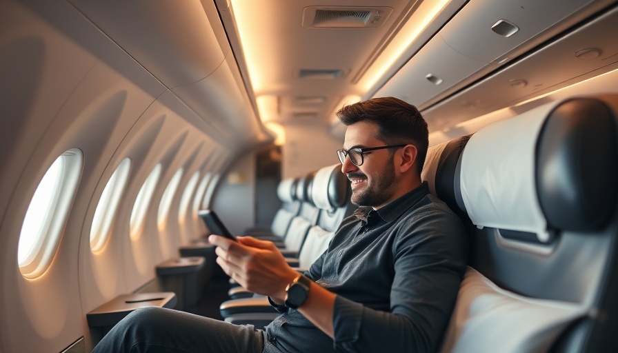 Luxurious airplane cabin showing traveler using smartphone with modern amenities.