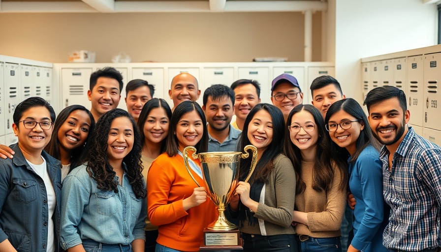 Engaged community group gathering, smiling with trophy in locker room.