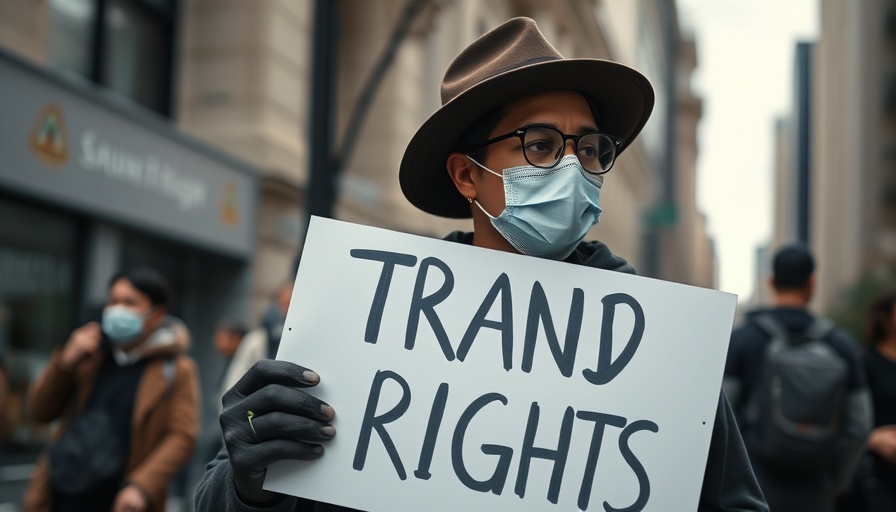 Protester advocates for trans rights with a colorful sign in city setting.