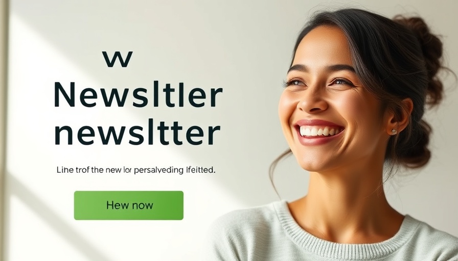 Newsletter ad with a call to action and portrait of a smiling woman.