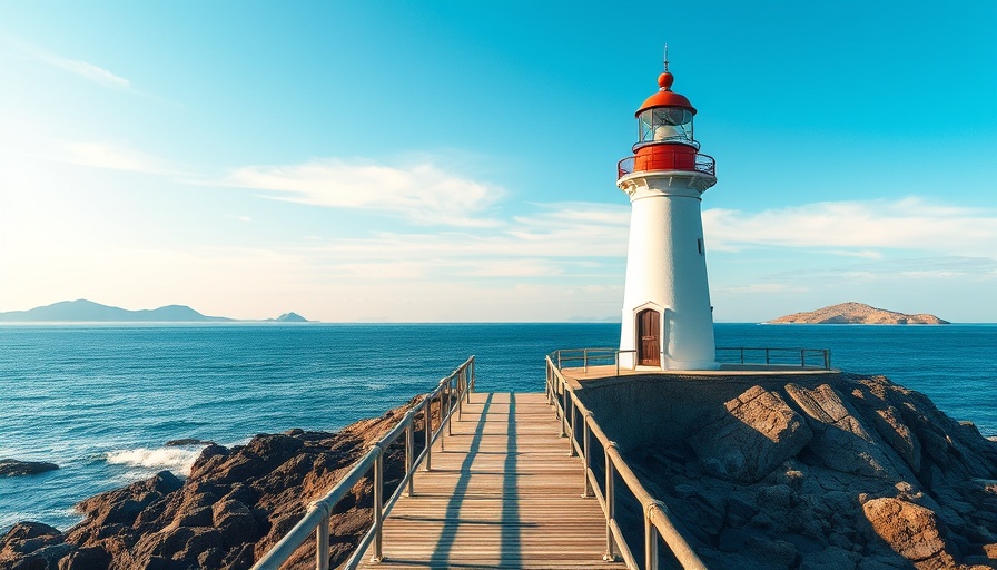 Lighthouse in Midcoast Maine with ocean view and blue sky.