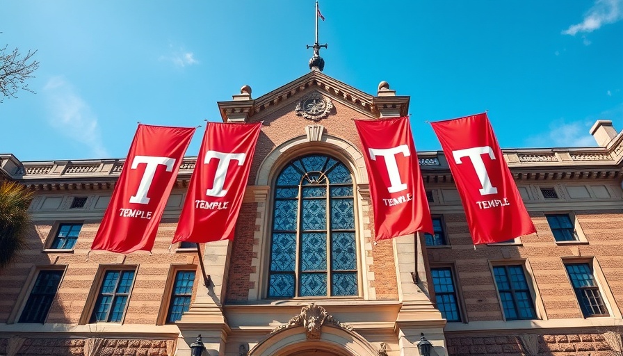 Temple University facade with flags and stained glass.