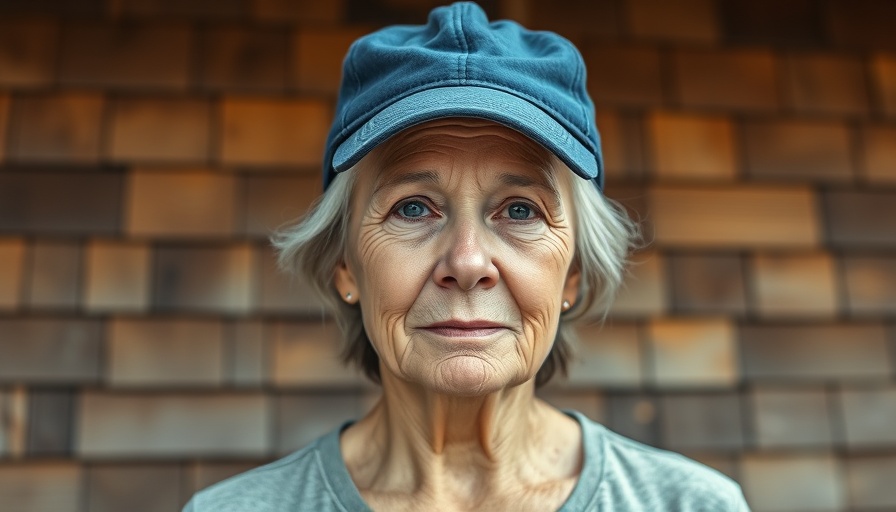 Middle-aged woman with blue cap expressing neutral thoughts, outdoors.