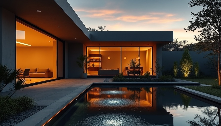 Waterbridge House Pebble Beach modern exterior at dusk with glass doors and greenery.