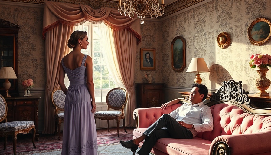 Gilded Age parlor in New York or Newport, with a couple in period attire.