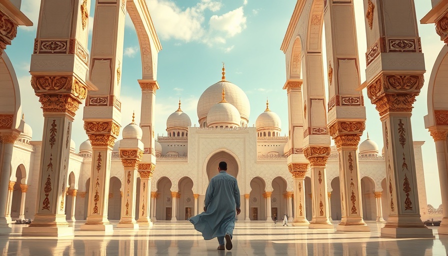 Grand mosque architecture with person in traditional dress, personalized travel experiences 2025.