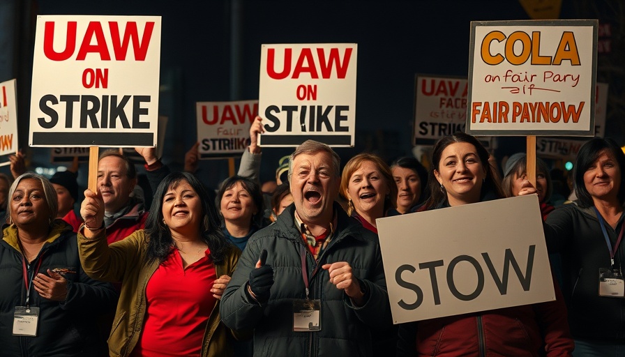 Autoworkers rally for union rights with striking signs at night.