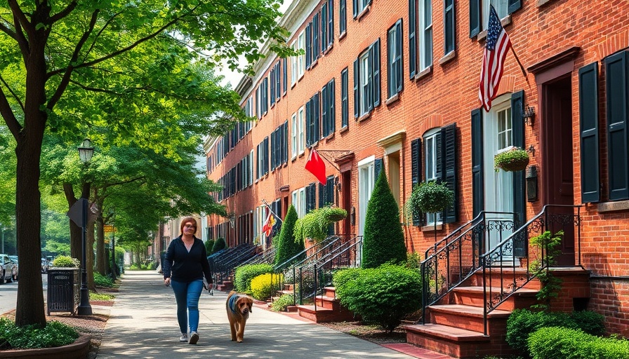 Historic Philadelphia street with parked cars, rainbow flags, and strolling woman.