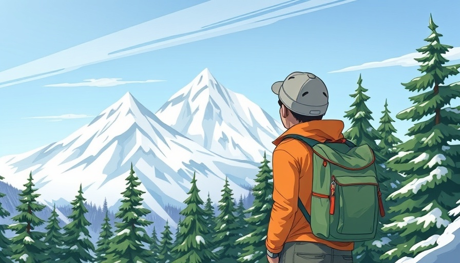 Illustrated wilderness adventurer facing snowy mountains.