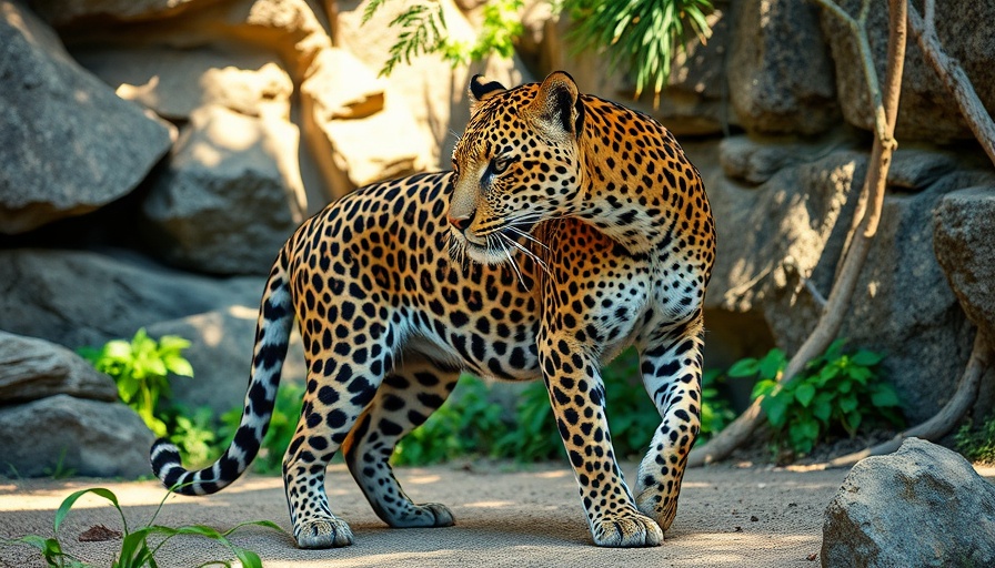 Leopard in rocky enclosure at Tiger Love Island, observing surroundings.