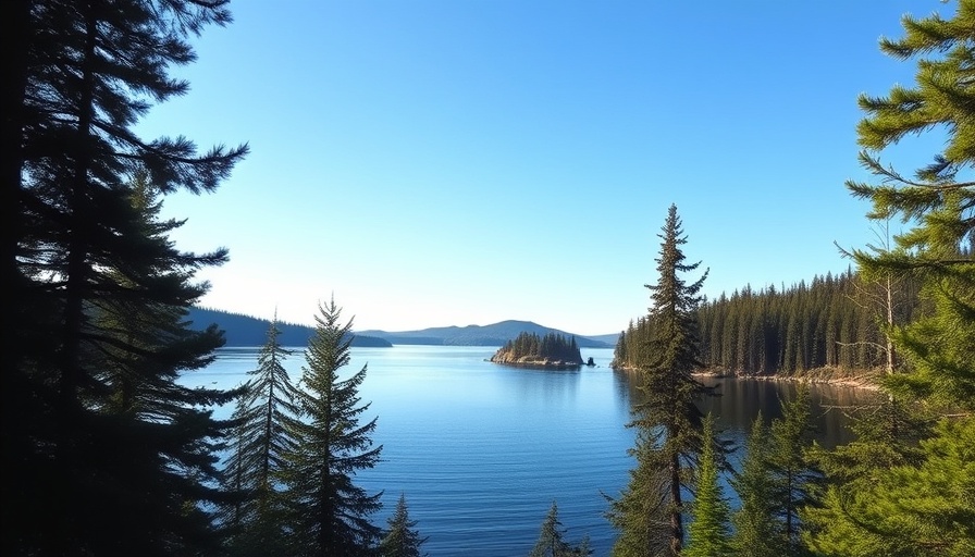 Tranquil lakeside view at Camp Kotok, serene natural setting.