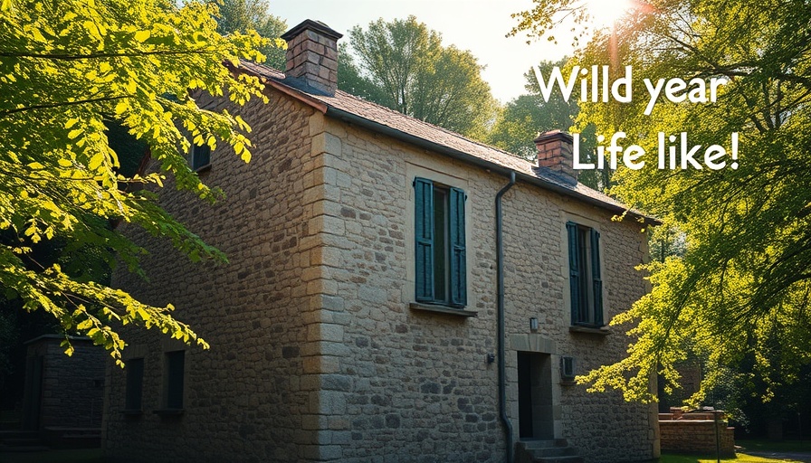 Exterior of rustic stone boarding school surrounded by trees