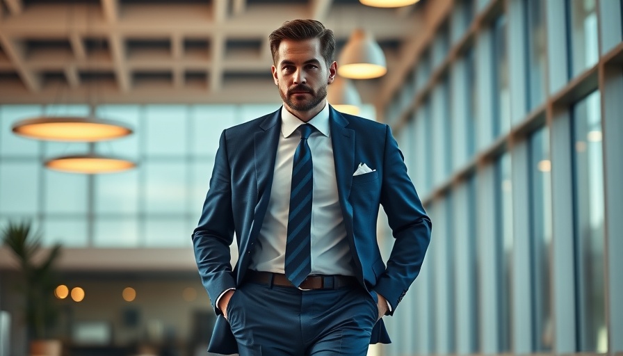 Professional man walking in a modern office setting.