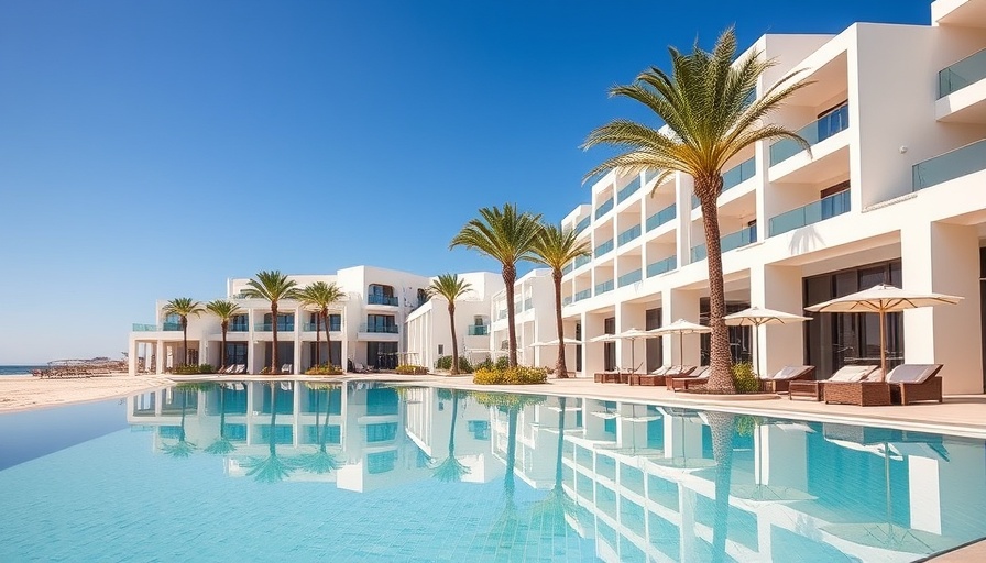 Luxurious beachfront hotel in Paros with pool and palm trees under clear sky.
