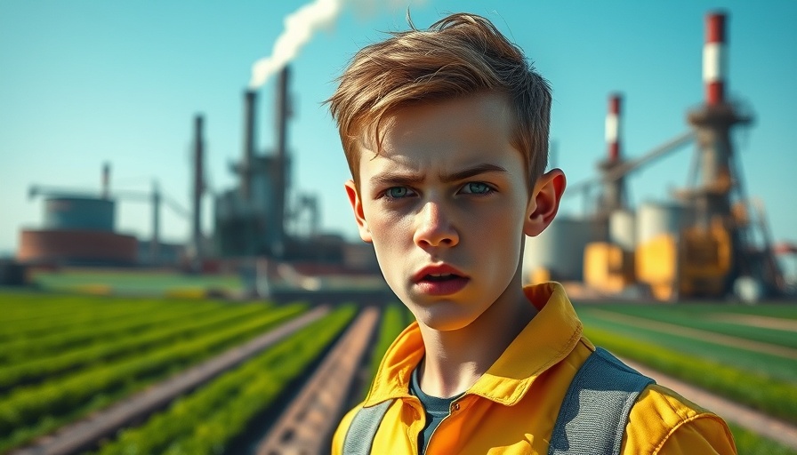 Climate change debate middle ground - expressive person in industrial field.