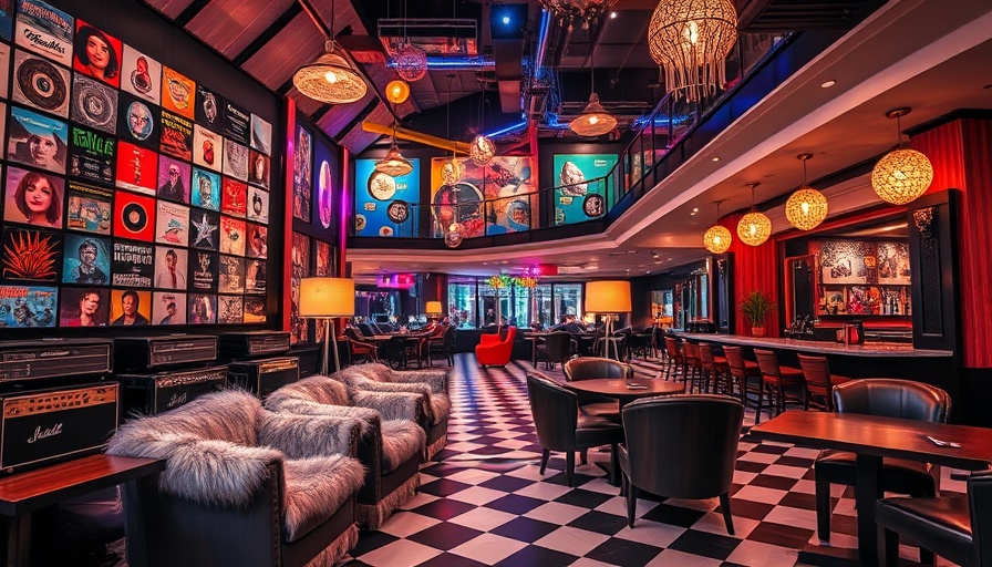 Vibrant eclectic hotel lobby for music lovers with colorful decor.