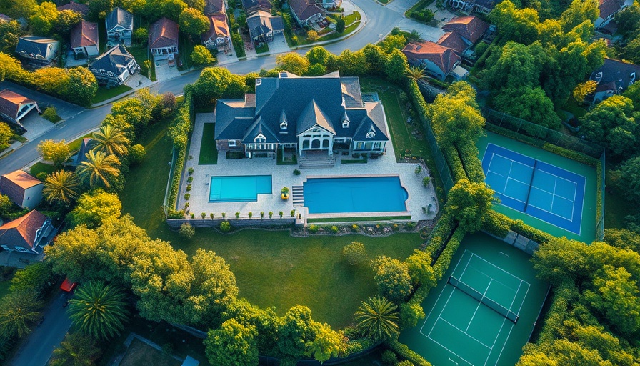 Chuck Lorre Bel Air home aerial view with pool and tennis court.