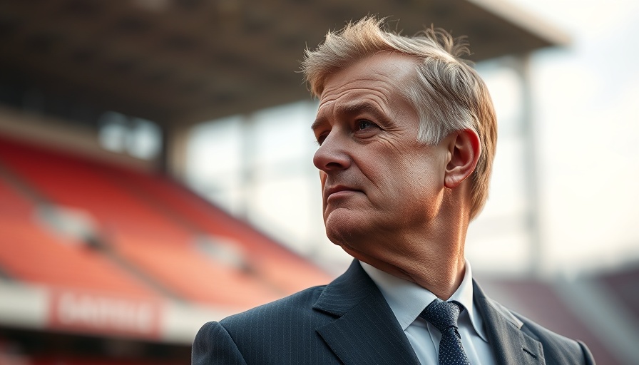 Thoughtful man in suit outdoors, blurred stadium background.