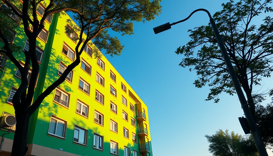 Philly's vibrant green building casting sharp shadows at sunset.