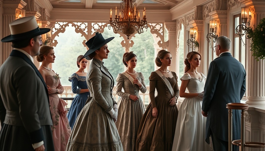 Elegant group on veranda in New Gilded Age setting, warm lighting.