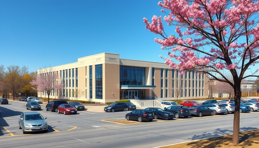 Philly school building with cherry blossoms in spring.