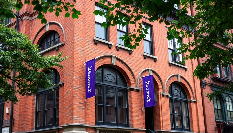 Mütter Museum brick building with purple banners, viewed through trees.