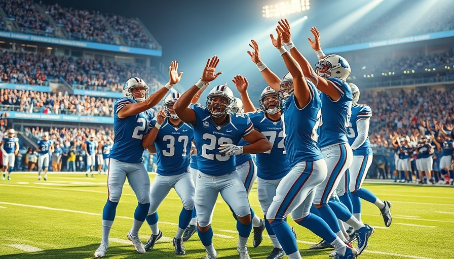 Football players celebrating in bright stadium, Eagles Fan Rivalry with Giants.