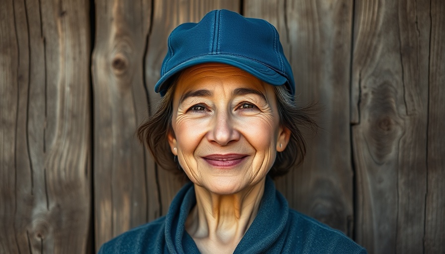 Middle-aged woman in blue cap stands against wooden background.