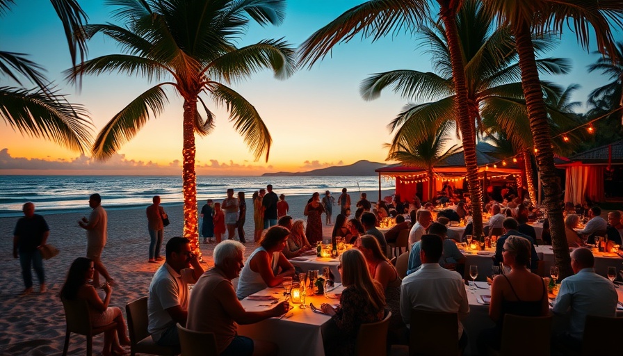 Beachside dinner party with string lights under palm trees at sunset.