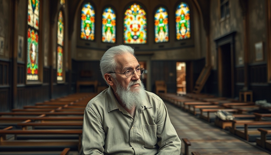 Elderly man in an old synagogue, reflecting on family history.