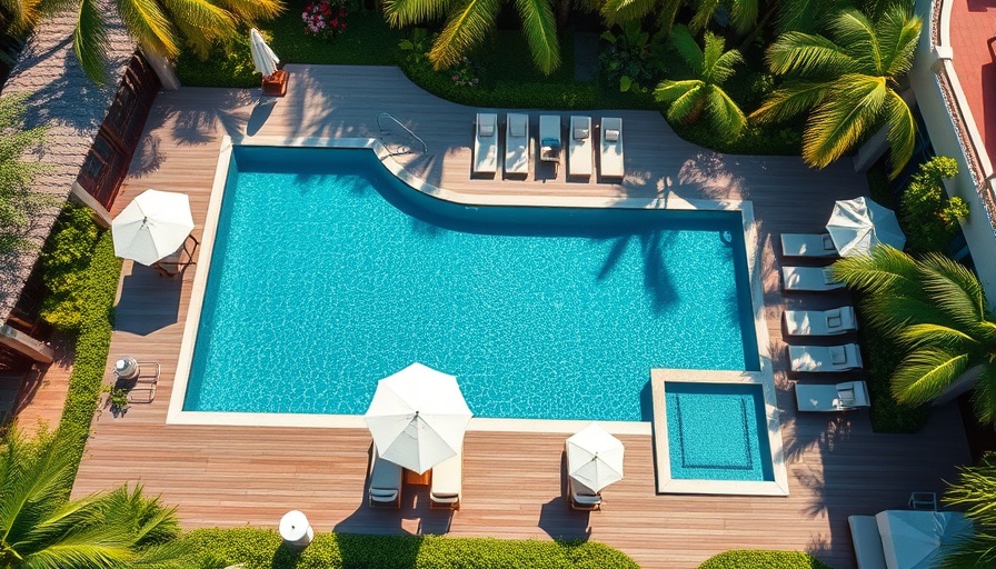 Aerial view of a luxury hotel pool in Tulum with loungers.