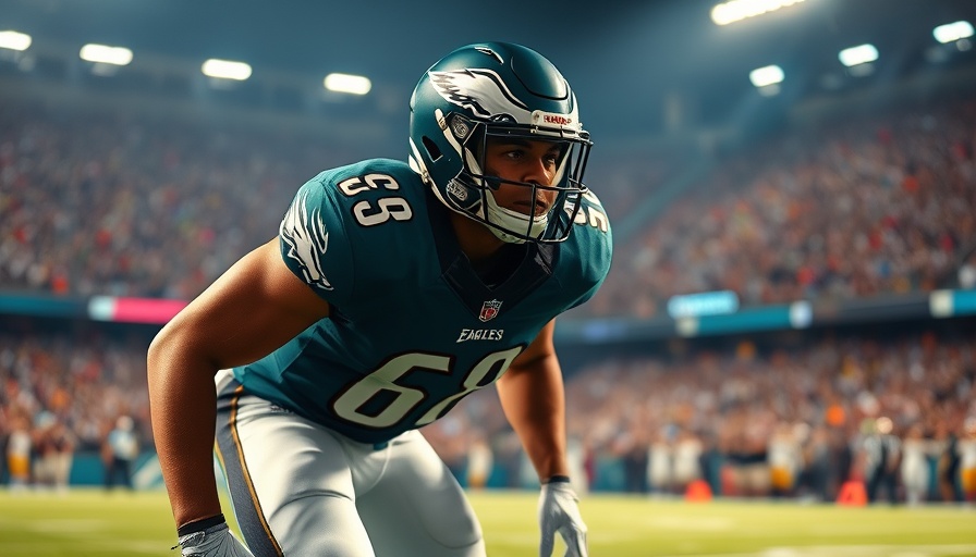 Eagles player preparing for play at stadium, vivid lighting.