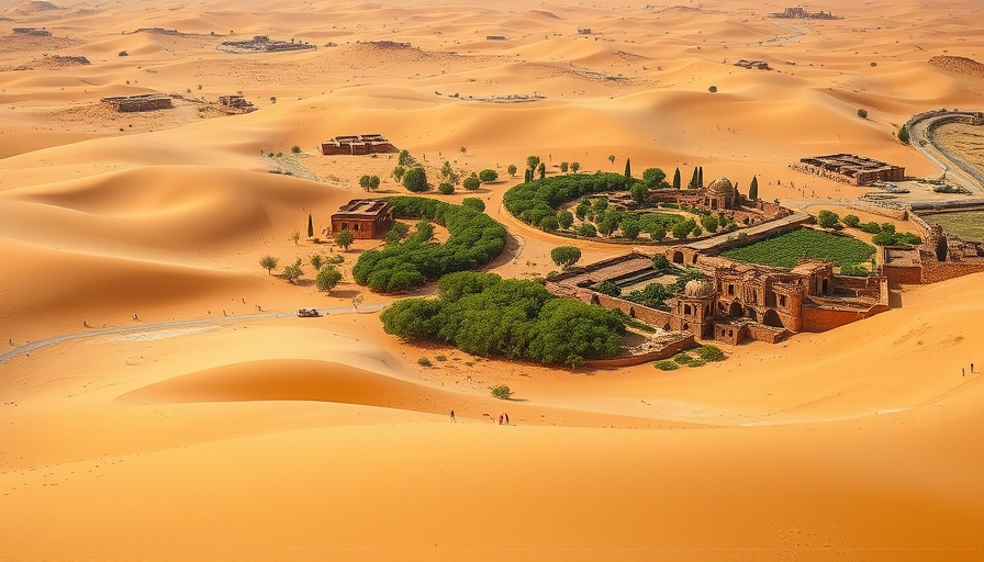 Aerial view of an oasis in the biggest desert landscapes.