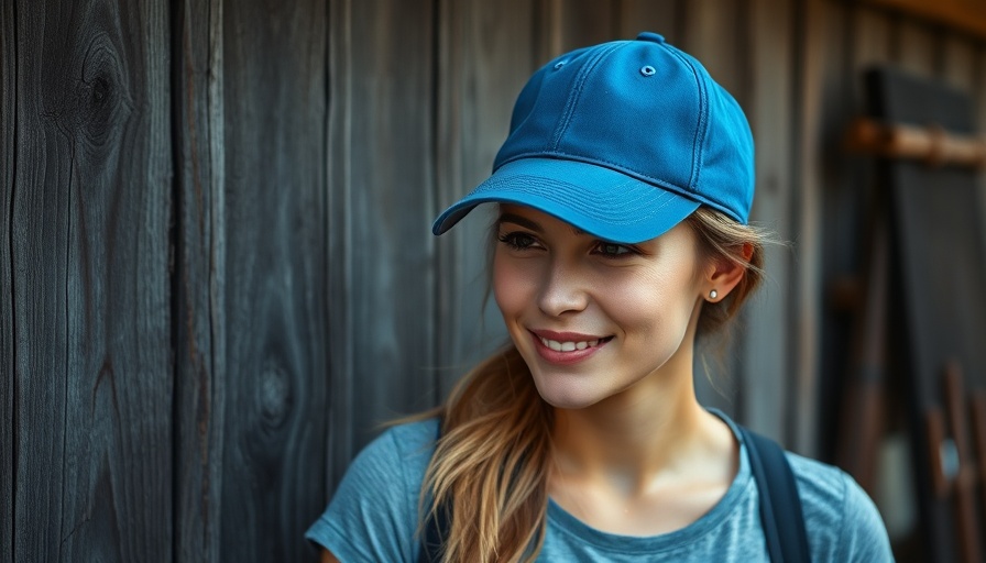 Casual portrait of woman in a blue cap in rustic outdoor setting.