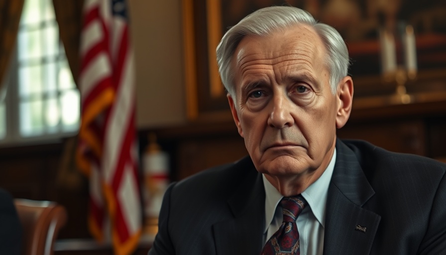 Serious older man in formal setting with American flag.