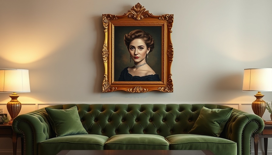Vintage portrait in a living room with velvet sofa.