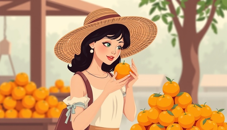 Stylized illustration of a woman at a market, Traveling Through Italy theme, holding an orange.