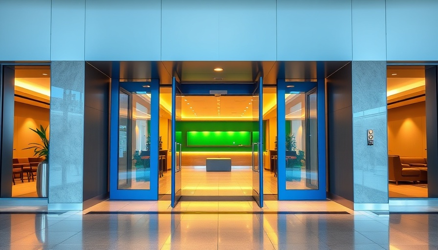 Modern airport lounge entrance with blue doors and green wall.