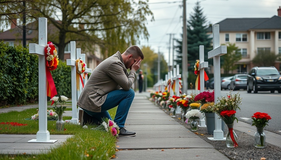 Man kneeling at memorial for Minneapolis church shooting victims.