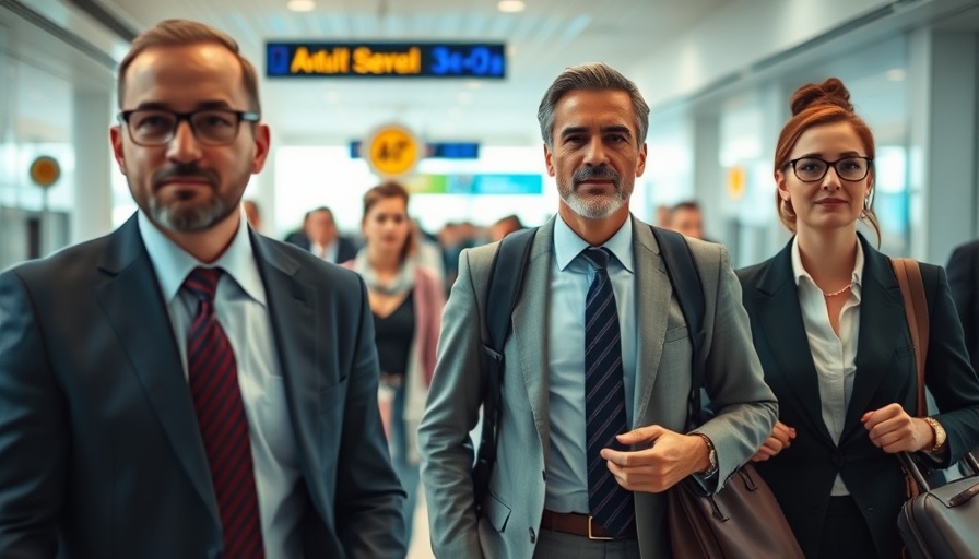Travelers at airport security, discussing Southwest Premier Business Card.