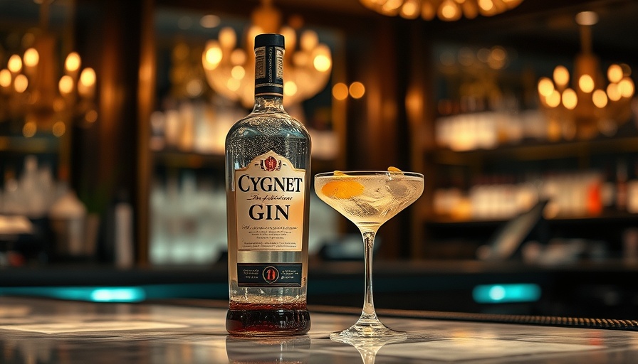 Cygnet Gin bottle with cocktail glass at a classy bar counter.