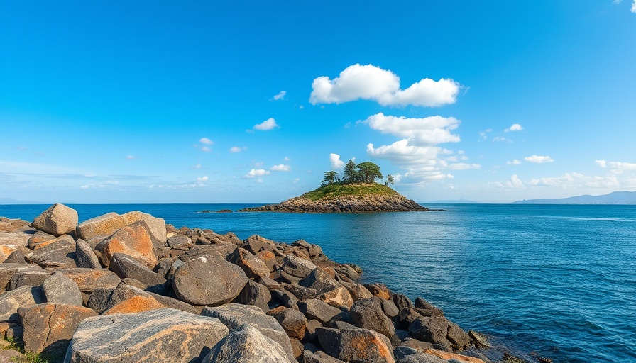 Serene coastline with island, clear sky, Labor Day Engagement atmosphere.