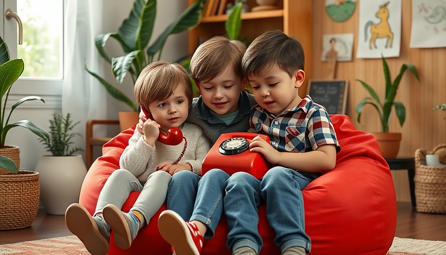 Children engaging in low-tech play with vintage phone in cozy room.