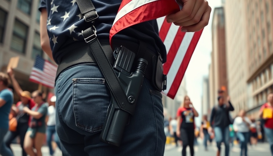 Person with holstered gun and flag during street protest in Pennsylvania.