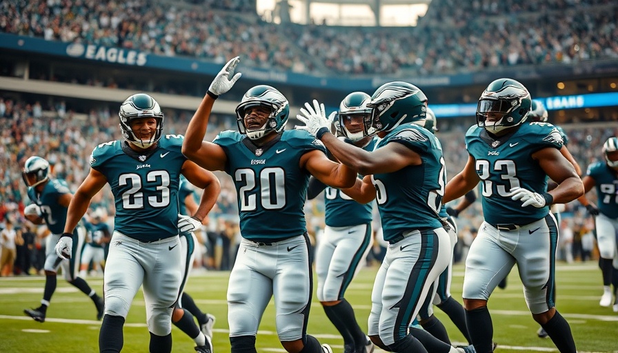 NFL Top 100 Eagles players celebrating a high five on the field.